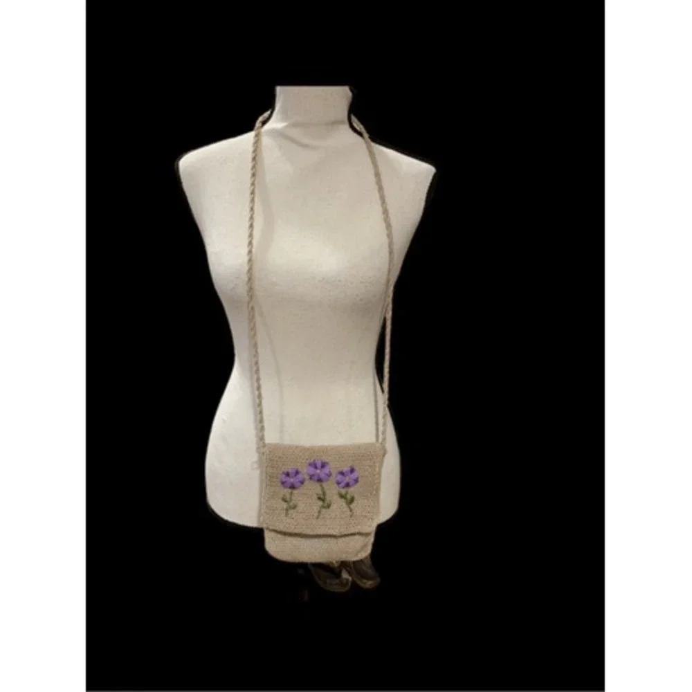 La Rue C/B Embroidered Crocheted Mini-Purse&Coin Purse Beige Purple 7-1/2x6-1/4